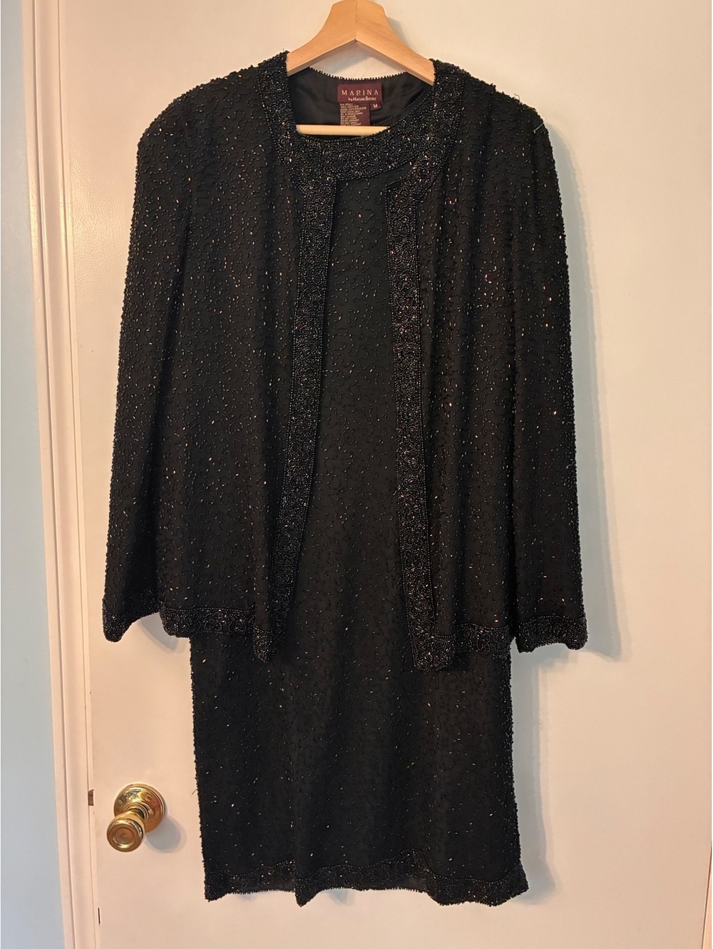 Vintage Black Silk Beaded Dress Jacket Set Size M Evening Formal
